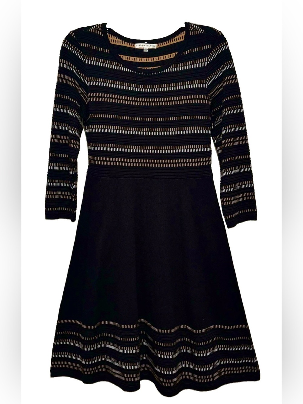 Sandra Darren Black Gold Striped Knit Stretch Boat Neck Fit & Flare Dress S